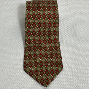 Brooks Brothers 100% Silk Tie Green Red Tan Art Deco Geometric Pattern Vintage